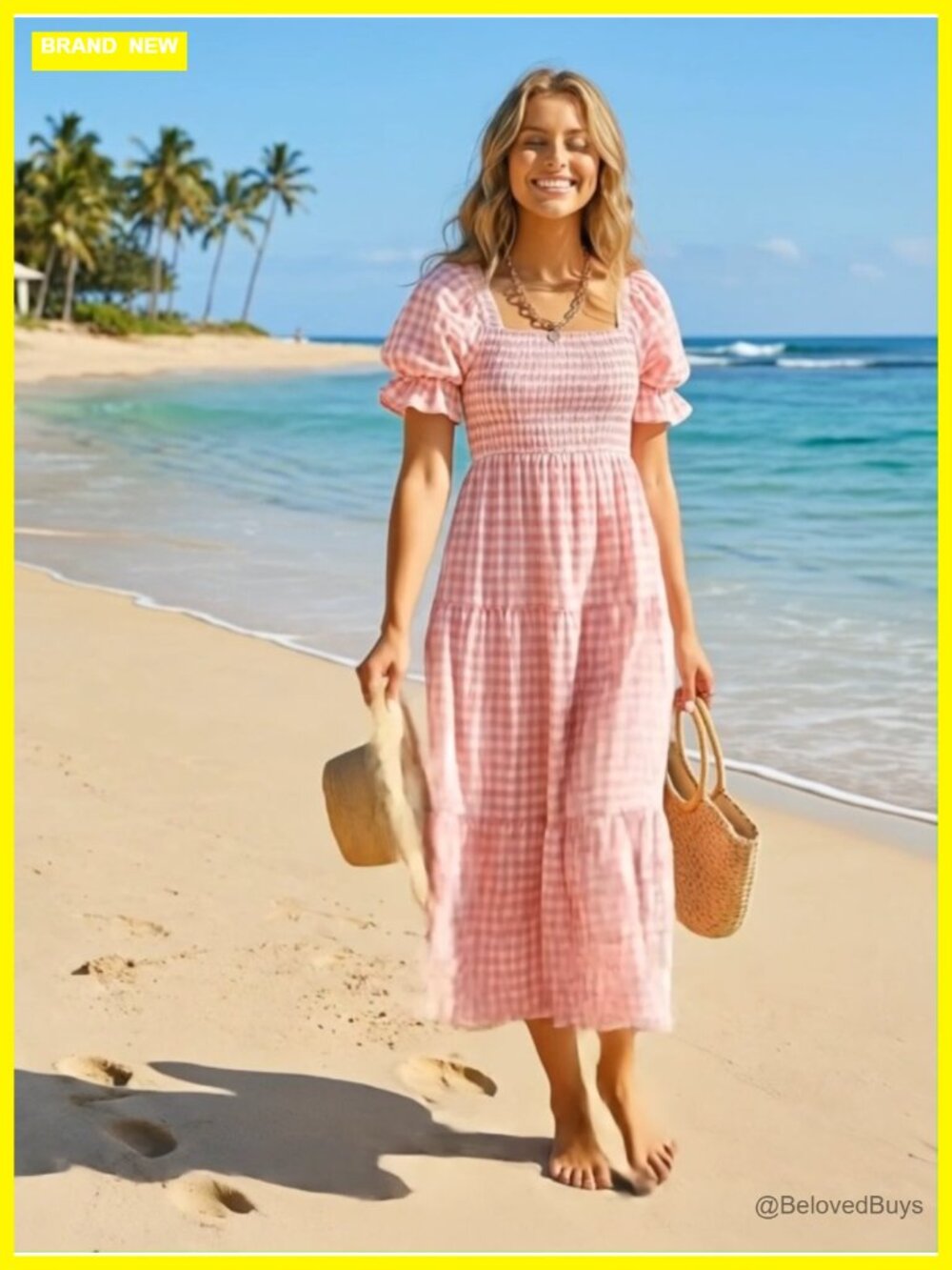 Boho Summer Midi Dress with Square Neck and Puff Sleeves - Picture 7 of 7